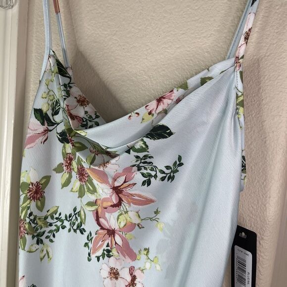BEBE Women's Baby Blue Floral Satin Cowl Neck Spaghetti Strap Midi Dress S NEW - Picture 3 of 12
